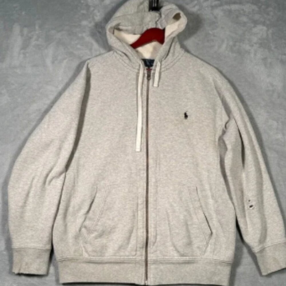Ralph Lauren Hoodie LT Large Tall Beig Full Zip Distressed Thermal Waffle Jacket